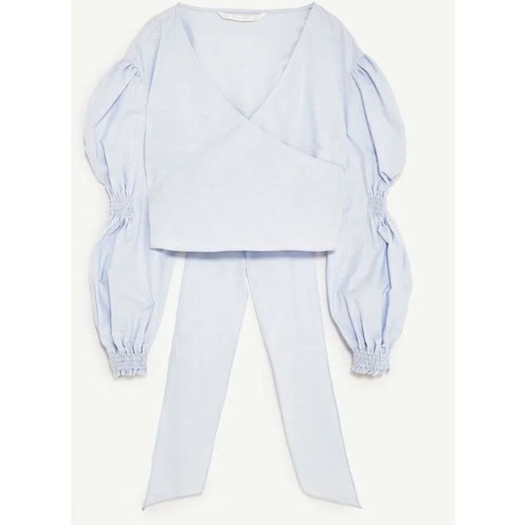 Zara Trafaluc  Collection Sky Blue Wrap Top With Balloon Sleeves - Size XS - Picture 2 of 13